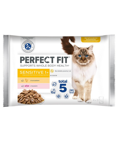 PERFECT FIT Sensitive 1+ tasakok 4x85 g teljes értékű nedves eledel felnőtt macskáknak, csirkemártással, lazaccal