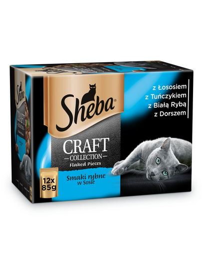 SHEBA Craft Collection Halízesítés - nedves macskaeledel szószban (lazac, tonhal, fehér hal, tőkehal) 12x85g