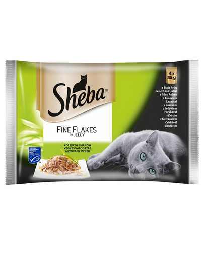 SHEBA Fine Flakes in Jelly 52x85g nedves macskaeledel zselében (fehér hallal, lazaccal, pulykával, csirkével)