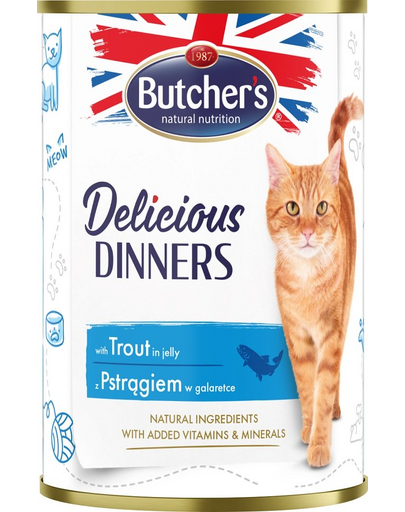 BUTCHER'S Delicious Dinners macskaeledel darabok pisztránggal zselében, 400g
