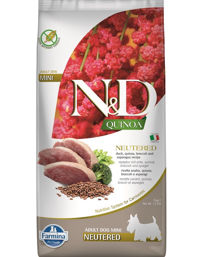 FARMINA N&D Quinoa Dog Neutere Adult Mini duck, broccoli & asparagus 7 kg kacsa, brokkoli és spárga ivartalanított kutyáknak