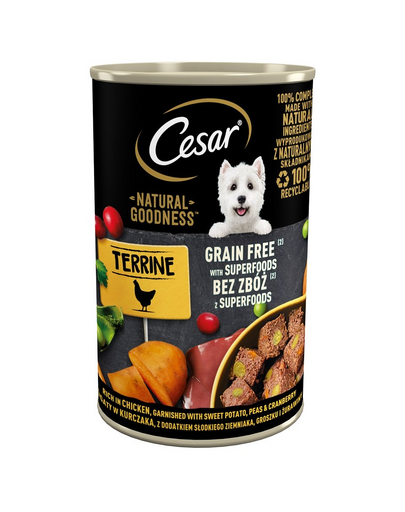 CESAR Natural Goodness a terepen 400g csirkében gazdag csirke édesburgonyával, borsóval és áfonyával