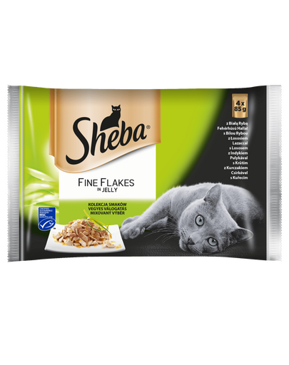 SHEBA Delicacy Fine Flakes Ízek választéka tasakok 4x85 g teljes értékű nedves eledel felnőtt macskáknak zselésített darabokban: lazac, fehér hal, csirke, pulyka