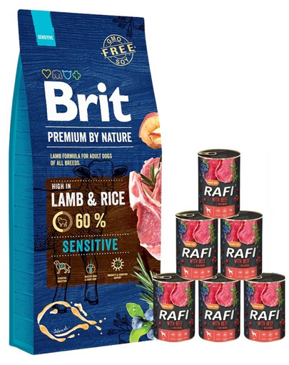 BRIT Premium By Nature Sensitive Lamb 15 kg + Beef marhahússal 6x400 g nedves kutyaeledel