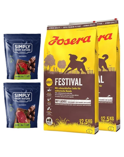 JOSERA Festival Felnőtt válogatós kutyáknak 25kg (2x12,5kg) + SIMPLY FROM NATURE Természetes kolbászok ló- és szarvashússal 2x200 g