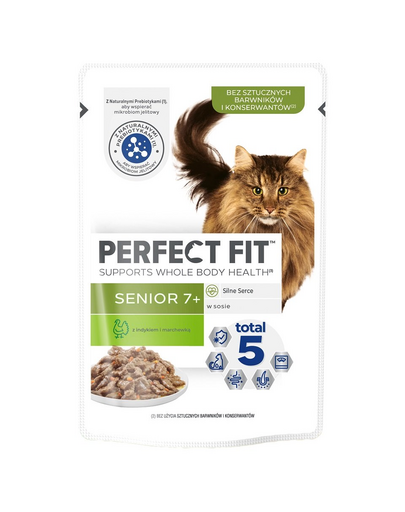 PERFECT FIT Senior 7+ 85 g teljes értékű nedves eledel idős macskáknak pulykával és sárgarépával mártásban