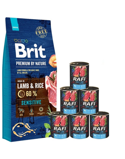 BRIT Premium By Nature Sensitive Lamb 15 kg + nedves eledel bárányhússal 6x400 g