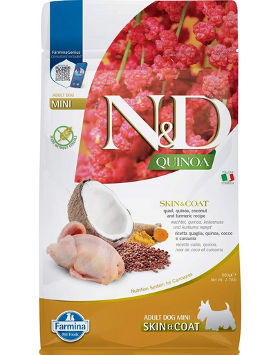 FARMINA N&D Quinoa Skin&Coat Mini Fürj és kókusz kistestű kutyáknak 800 g
