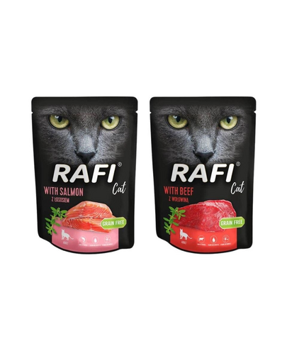 DOLINA NOTECI RAFI Nedvestáp lazaccal 10x300 g + Marhahúsos nedves eledel macskáknak 10x300 g