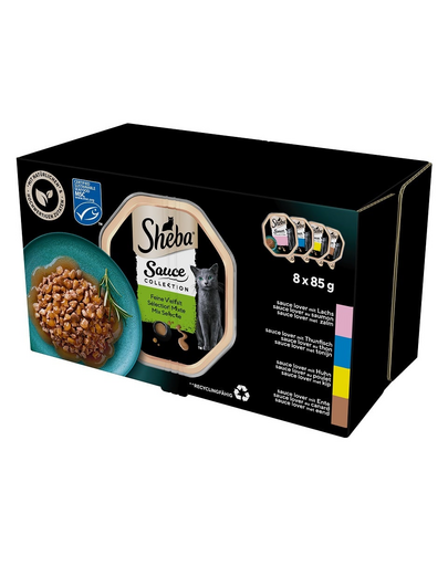 SHEBA Sauce Collection Selection of Flavours 8x85 g nedves teljes értékű eledel felnőtt macskáknak szaftos szeletekben lazaccal, tonhallal, csirkével, kacsával
