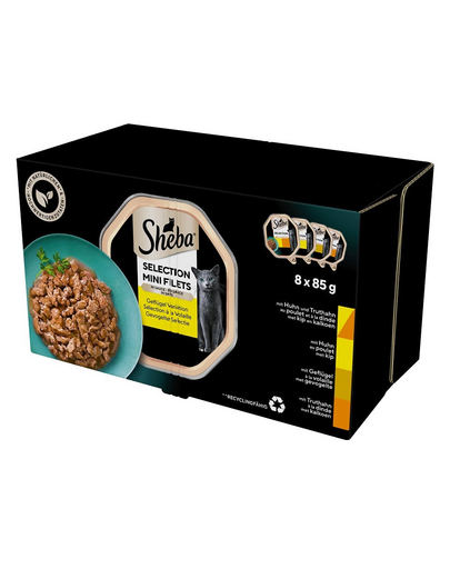 SHEBA Selection Poultry Flavours 8x85 g nedves teljes értékű eledel felnőtt macskáknak mártással, csirke- és pulykadarabokkal, csirke, baromfi, pulyka