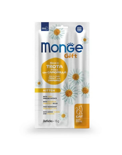 MONGE Gift Soft Sticks Kölyökmacskáknak – Pisztráng kamillával 15 g
