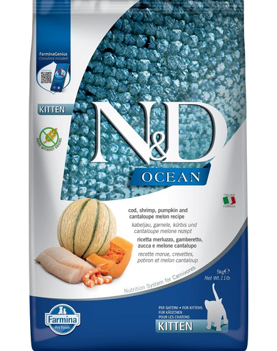 FARMINA N&D Ocean Cat Kitten cod, shrimp, pumpkin & cantaloupe melon 5 kg tőkehal, garnélarák, sütőtök és dinnye canatloupe cicáknak