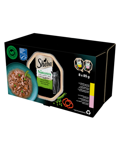SHEBA Nature’s Collection Mix Selection 8x85 g nedves teljes értékű eledel felnőtt macskáknak mártással, csirke, lazac darabokkal