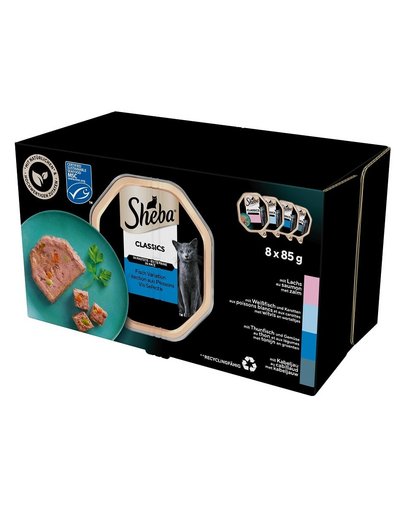 SHEBA Classics Fishy Flavours 32x85g-os tálcák terrinben lazaccal, fehér hallal és sárgarépával, tonhallal és zöldségekkel, tőkehallal