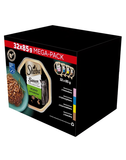 SHEBA Sauce Collection Ízválaszték 32x85 g-os tálcák lazacos, tonhalas, csirkés, kacsás, kacsás szószban
