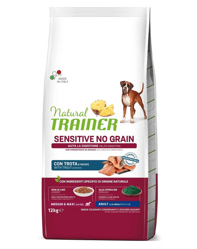 TRAINER Natural Sensitive No Grain Medium Maxi Adult pisztránggal 12kg