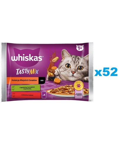 WHISKAS Adult 52 x 85g Countryside Flavours macskaeledel kollekció mártásos darabokban bárányhússal, csirkével és sárgarépával, marhahússal és baromfival