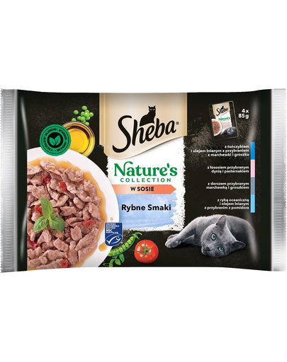 SHEBA Nature’s Collection Fish Flavours nedves eledel felnőtt macskáknak tonhal és lenmagolaj mártással 52x85g