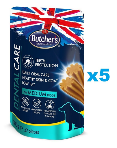 BUTCHER'S Dental Care közepes testű kutyáknak 5x180g denstist csemegék közepes testű kutyáknak