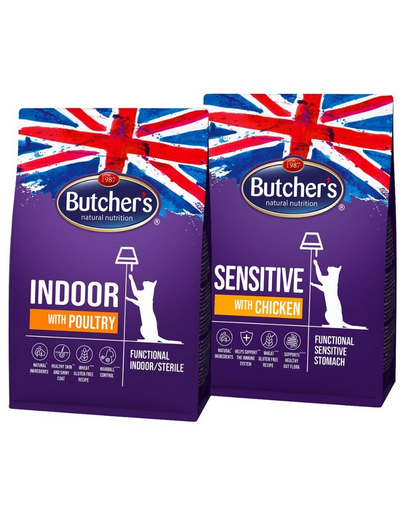 BUTCHER'S Functional Cat Indoor baromfival 800 g + Sensitive csirkével 800 g