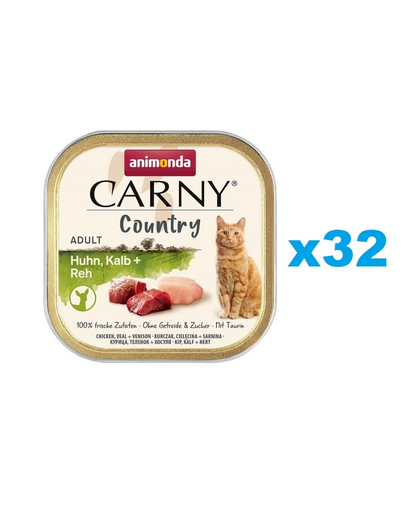 ANIMONDA Carny Country Adult Chicken, Veal, Vension Csirke, borjú- és sertéshús felnőtt macskák számára 32x100 g