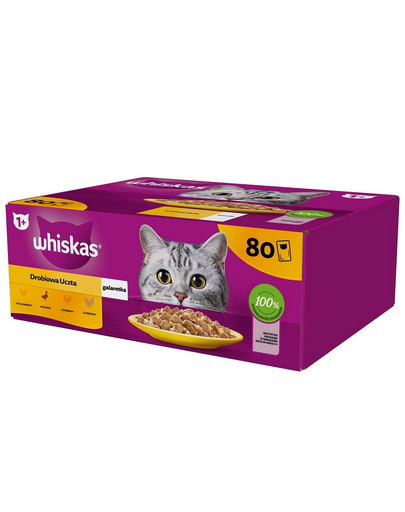 WHISKAS Adult 80 x 85 g poultry feast - nedves eledel felnőtt macskáknak zselében (darabokban: csirke, kacsa, baromfi, pulyka)