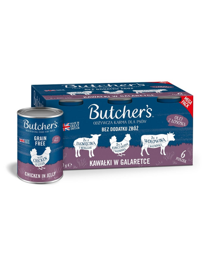 BUTCHER'S Original Recipe in jelly Mix smaków z wątróbką lub nerkami 6x400 g kawałki w galaretce z wołowiną, z jagnięciną i z kurczakiem dla psa
