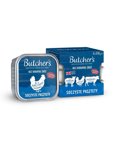 BUTCHER'S Original Soczyste pasztety Mix smaków z wątróbką lub nerkami 4x150 g pasztet z wołowiną, z jagnięciną i kurczakiem dla psa