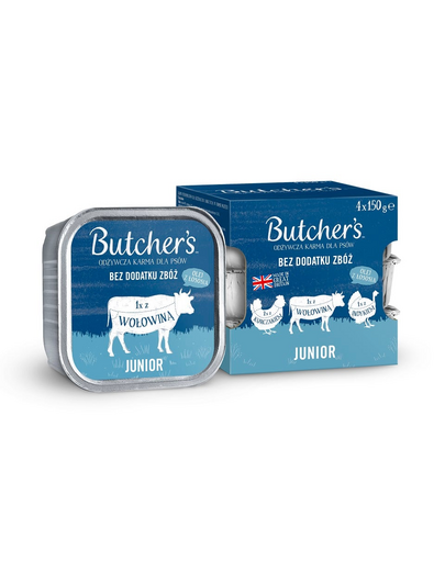 BUTCHER'S Original Junior Mix smaków 4x150 g pasztet z kurczakiem, z wołowiną i z indykiem dla szczeniąt