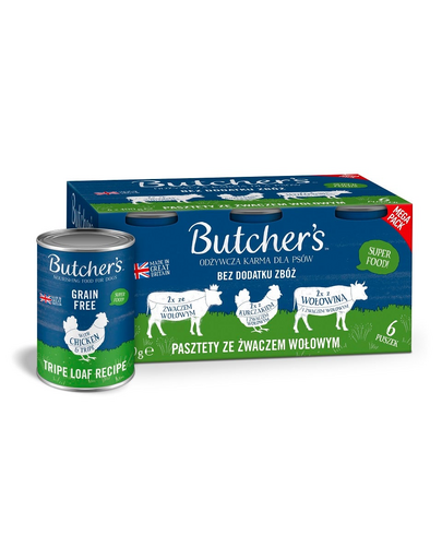 BUTCHER'S Original Tripe Vegyes ízek marhapörkölttel 6x400g pörkölt, csirke- és marhapástétom kutyák számára