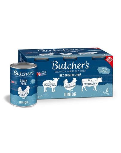 BUTCHER'S Original Junior Recipe in jelly Mix smaków 6x400 g kawałki w galaretce z jagnięciną, z kurczakiem i z wołowiną dla szczeniąt