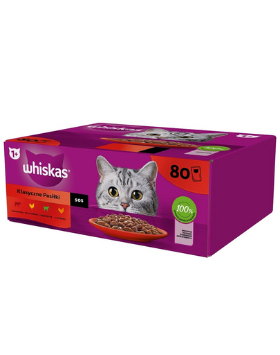 WHISKAS Adult 80 x 85 g Classic Meals - nedves eledel felnőtt macskáknak, mártással (marhahús, csirke, bárány, baromfi)