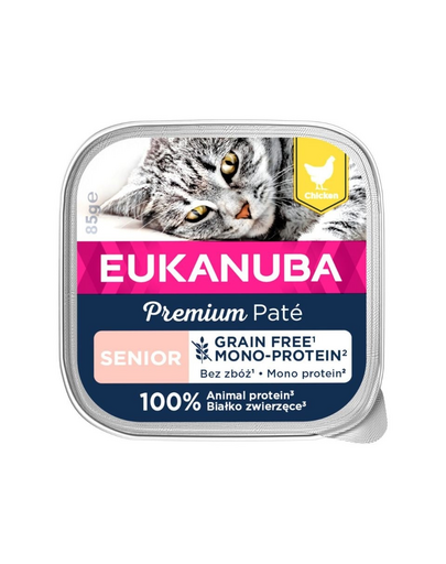 EUKANUBA Grain Free Senior Monoprotein pástétom idős macskáknak Csirke 16 x 85 g