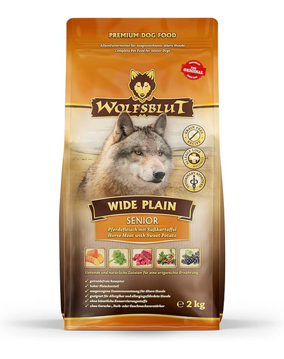 WOLFSBLUT Wide Plain Senior szárazeledel idősebb allergiás kutyák számára lóhússal és édesburgonyával 12,5 kg