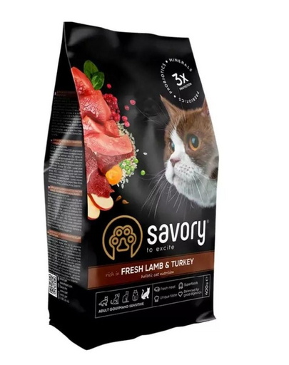SAVORY Adult Cat Sensitive 400 g bárány- és pulykatáp érzékeny emésztőrendszerű macskák számára
