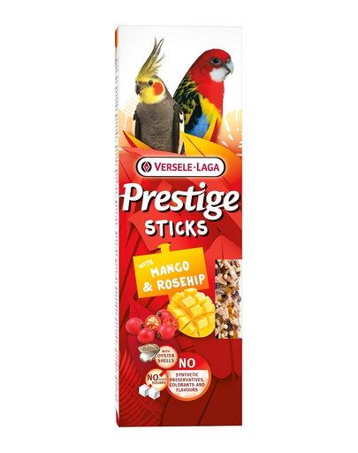 VERSELE-LAGA Prestige Sticks 2 mangó és csipkebogyó lombik közepes méretű papagájok számára 140g