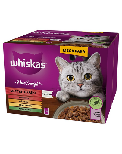 WHISKAS Adult Pure Delight Lédús falatokat zselében 24x85 g darabok marhahússal, csirkével, bárányhússal, baromfival felnőtt macskáknak