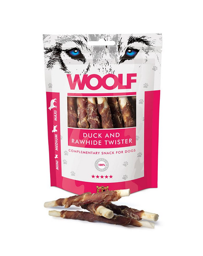 WOOLF Duck And Rawhide Twister Szárított bőr kacsával csomagolva 100g