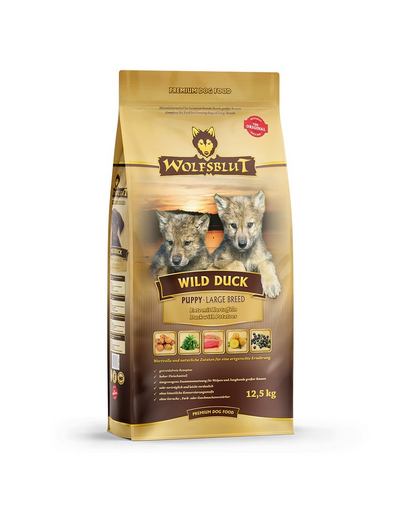 WOLFSBLUT Wild Duck Large Breed Puppy nagytestű kölyökkutyák szárazeledele kacsával 12,5 kg
