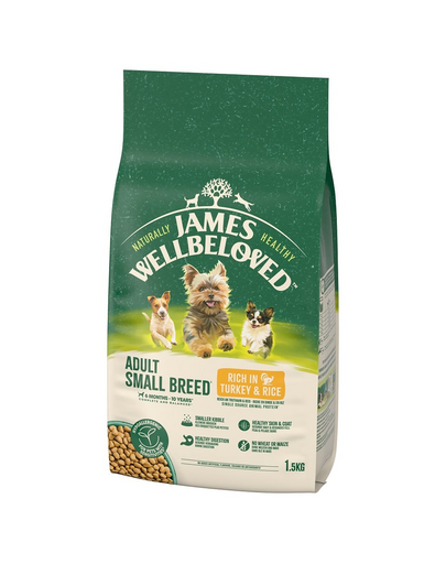 JAMES WELLBELOVED Adult 1,5 kg teljes értékű szárazeledel felnőtt kistestű fajtáknak 6 hónapos - 10 éves korig pulykában és rizsben gazdagon