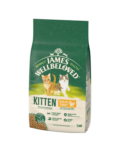 JAMES WELLBELOVED Kitten 1,5 kg Pulykában és rizsben gazdag száraz teljes értékű eledel <12 hónapos cicáknak
