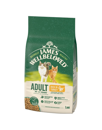 JAMES WELLBELOVED 1,5 kg száraz teljes értékű eledel 1-7 éves felnőtt macskáknak pulykában gazdag pulykatáp