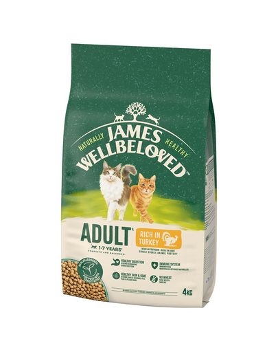 JAMES WELLBELOVED Adult 4 kg száraz teljes értékű eledel 1-7 éves felnőtt macskáknak pulykában gazdag pulykatáp