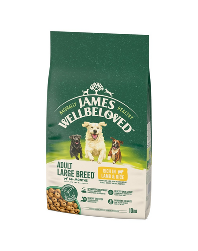JAMES WELLBELOVED Adult 10 kg teljes értékű szárazeledel felnőtt nagytestű kutyáknak >14 hónapos - 10 éves korig, bárányhúsban és rizsben gazdag