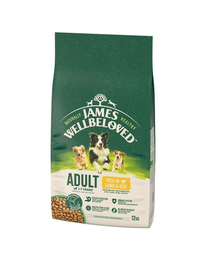 JAMES WELLBELOVED Adult 12 kg bárányhúsban és rizsben gazdag teljes értékű szárazeledel 1-7 éves felnőtt kutyáknak