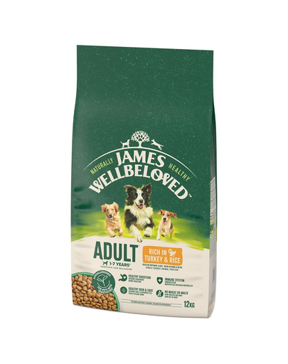 JAMES WELLBELOVED Adult 12 kg száraz teljes értékű eledel 1-7 éves felnőtt kutyáknak pulykában és rizsben gazdagon