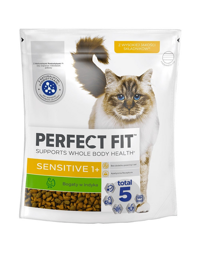 PERFECT FIT (Sensitive 1+) 6x750 g Pulykában gazdag - szárazeledel érzékeny emésztőrendszerű macskák számára
