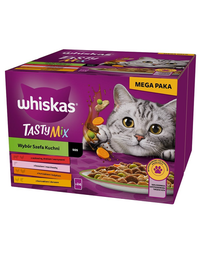 WHISKAS Adult Tasty Mix Chef's Choice mártásban 24x85 g darabok marhahússal, lazaccal, csirkével és pulykával, csirkével és tőkehallal felnőtt macskák számára