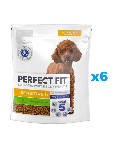 PERFECT FIT Sensitive 1+ pulykában gazdag száraz teljes értékű eledel felnőtt kistestű kutyafajták számára 6x825 g